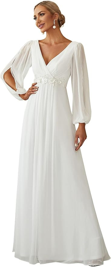 Ever-Pretty Women's V Neck Long Lantern Sleeves Floor Length Ruched Chiffon A-Line Formal Evening... | Amazon (US)