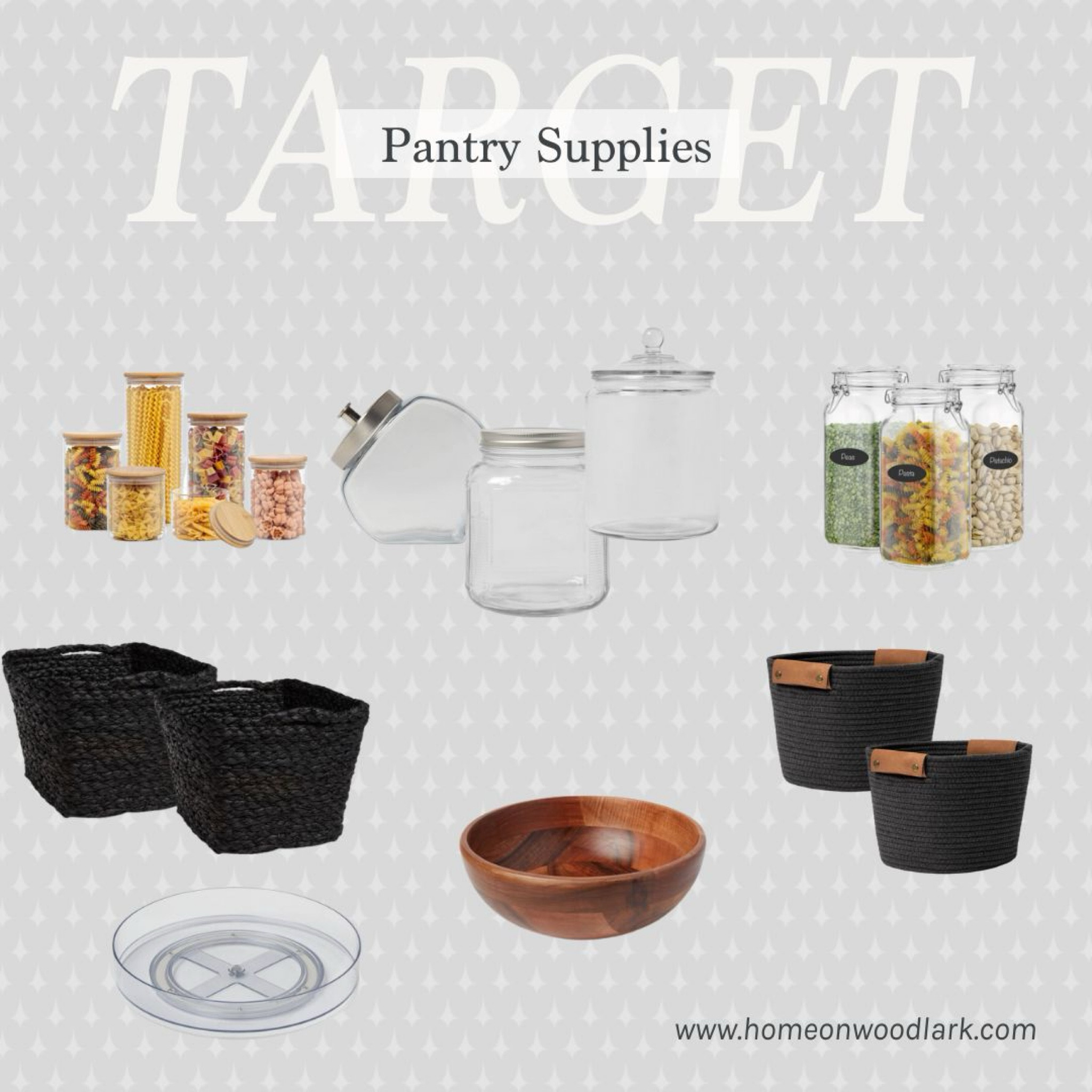Target pantry storage containers.  

Target plastic lazy Susan.  Target wooden salad bowl.  Black rafia basket.  Rope coiled basket.  Glass storage containers.  Glass storage jars.  

#LTKhome #LTKfamily #LTKfindsunder50