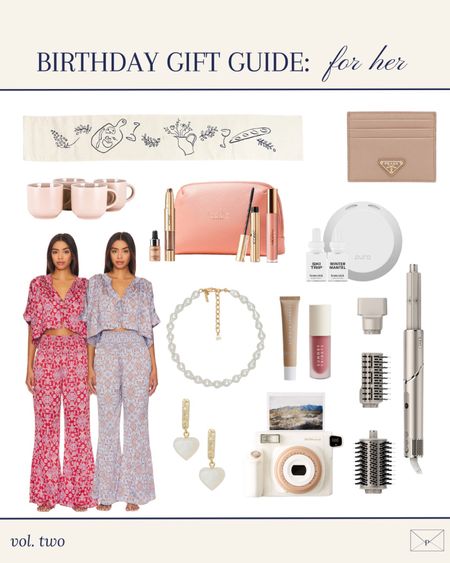 Birthday gift guide for her | prada card case, free people pj set, hosting gift, table runner, coffee mugs, air wrap, poloroid camera, gift ideas, jewelry 