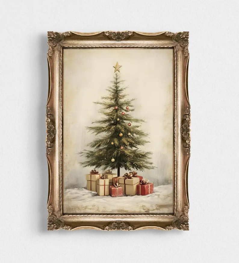 Printable Christmas Wall Art Decor Rustic Xmas Trees Painting Vintage Holiday Poster Printable Xm... | Etsy (US)