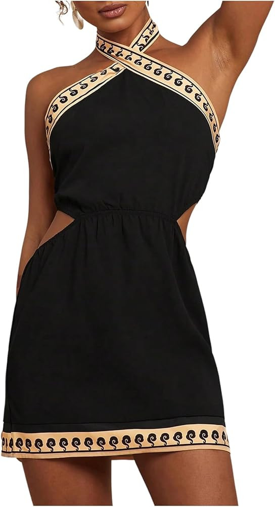 MakeMeChic Women's Boho Mini Dress Summer Beach Vacation Halter Dresses Floral Sundress Black Med... | Amazon (US)