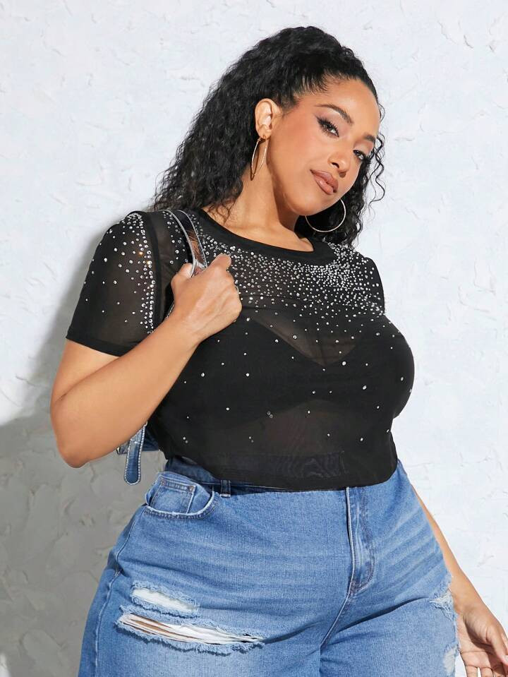 SHEIN CURVE+ Plus Rhinestone Detail Sheer Mesh Top Without Bra | SHEIN