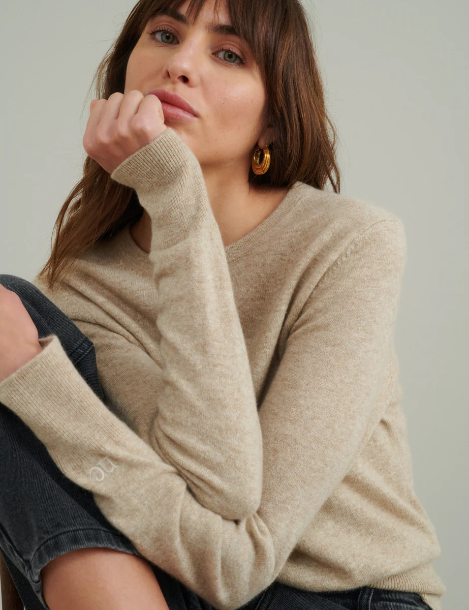 Beige Cashmere Crew Neck Knitted Jumper | Nobody's Child