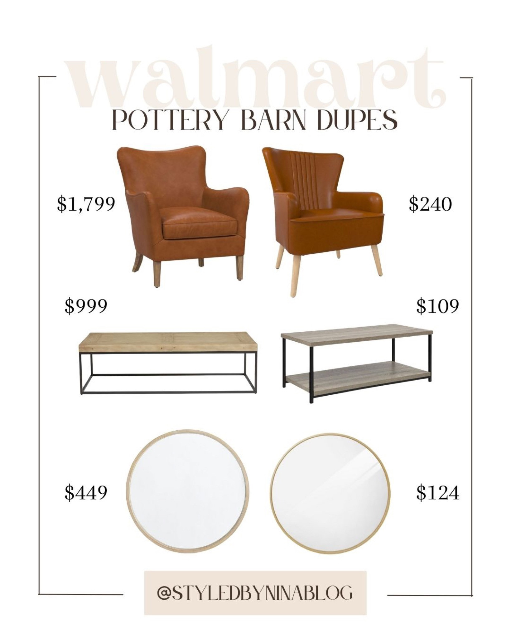 Walmart home - walmart pottery barn dupes - save or splurge home decor - pottery barn furniture dupe - walmart furniture - walmart coffee table - faux leather accent chairs - gold mirrors - circle mirror - walmart living room inspiration - wood coffee table - splurge vs save home - walmart deals 


Follow my shop @styledbyninablog on the @shop.LTK app to shop this post and get my exclusive app-only content!

#liketkit #LTKsalealert #LTKhome #LTKstyletip
@shop.ltk
https://liketk.it/3Ehu1 

#LTKover40 #LTKhome #LTKsalealert
