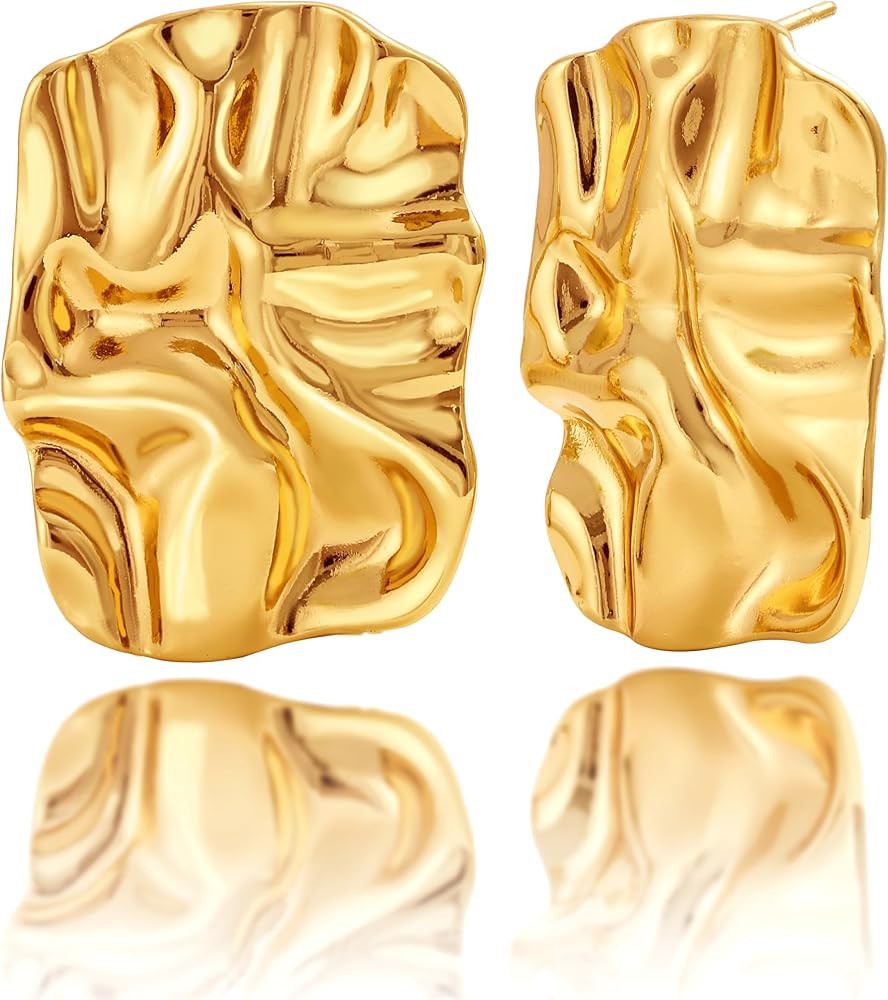 Chunky Geometric Rectangle Gold Stud Earrings for Women, Irregular Hammered Statement Square Earr... | Amazon (US)