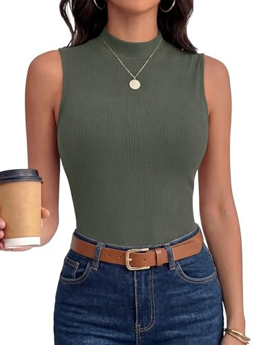 ANRABESS Mock Neck Tops for Women, Basic Soft Ribbed Slim Tank Tops, Comfy for Yoga, Lounge & Office, Versatile Summer Shirt Army Green Large | Amazon (US)