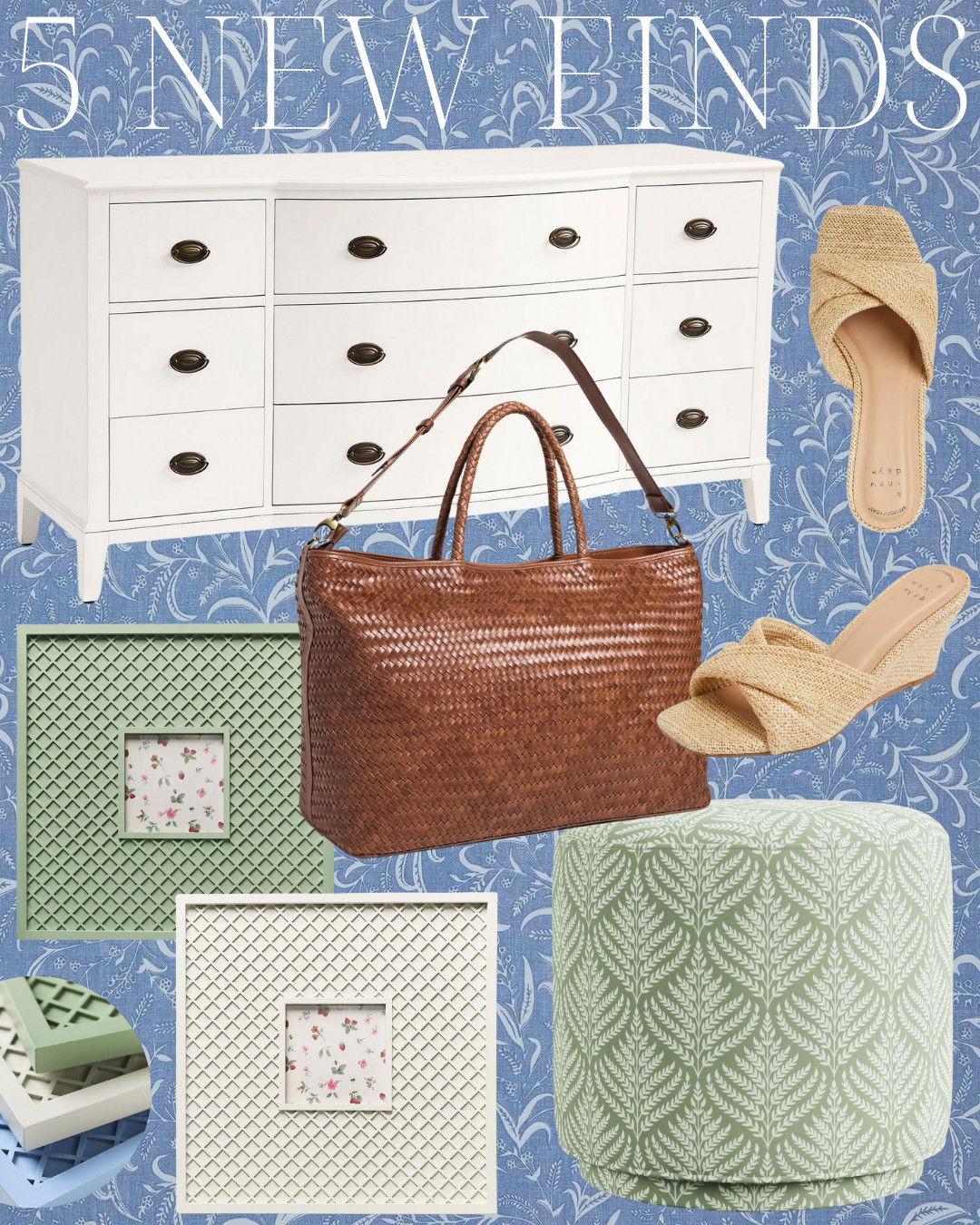 white dresser | woven leather weekender bag | raffia wedge sandals | Target spring | green floral ottoman | classic home | traditional home | spring stye | spring decor | classic style 

 #LTKOver40 #LTKHome