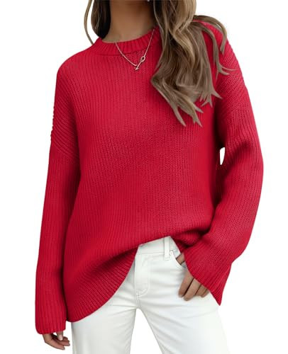 PRETTYGARDEN Womens Sweaters Dressy Casual Cute Round Neck Draped Shoulder Long Sleeve Ribbed Knit Oversized Sweater (Red, X-Large) | Amazon (US)