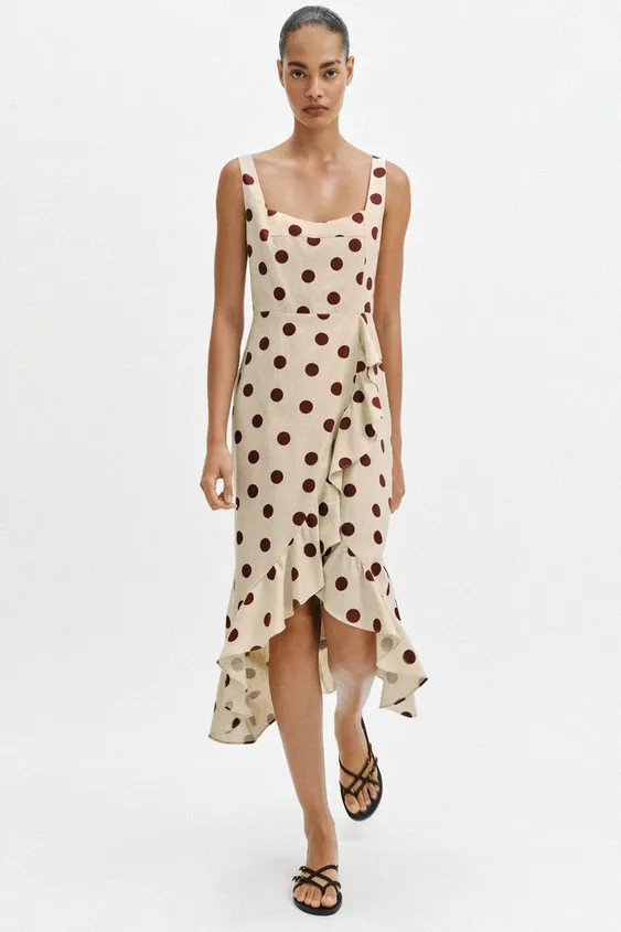 LINEN BLEND POLKA DOT MIDI DRESS | Zara US