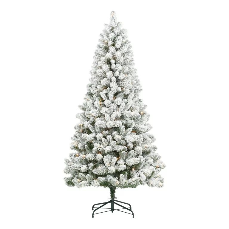 Holiday Time 6.5ft Pre Lit Flocked Christmas Tree, Green, 6.5', Clear | Walmart (US)