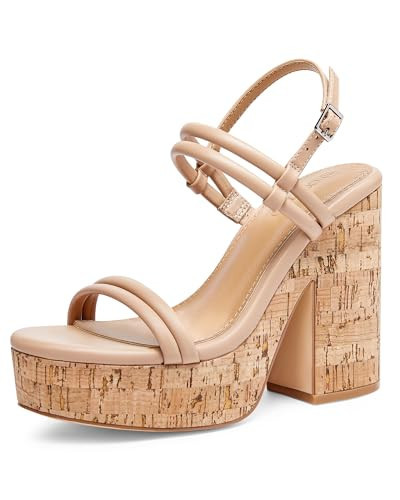 Coutgo Womens Cork Wedge Sandals Heels Open Toe High Heel Platform Slingback Ankle Strap Buckle Summer Dressy Shoes, Khaki, Size 6.5 | Amazon (US)