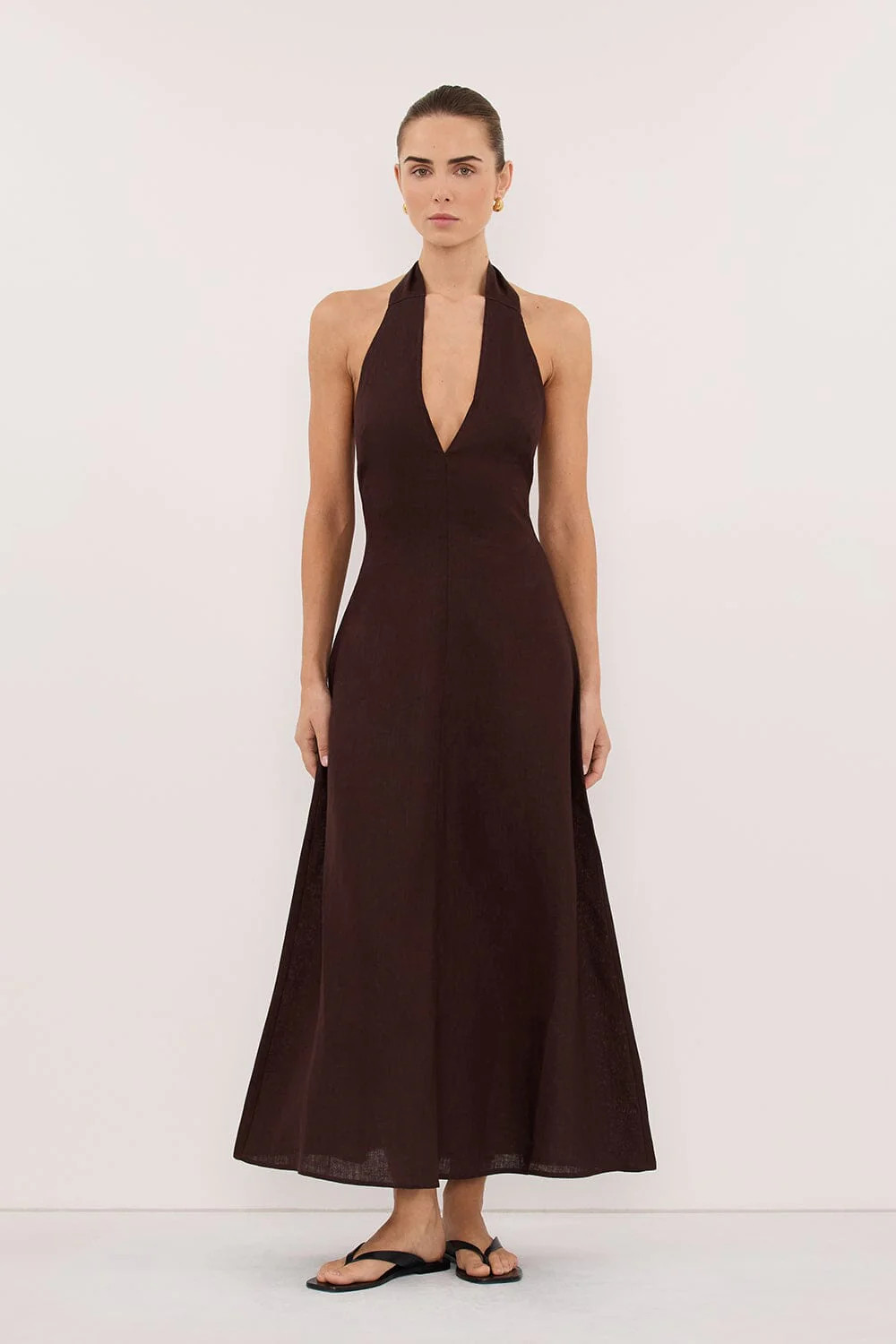 SKY BURNT CHOC LINEN MIDI DRESS | DISSH