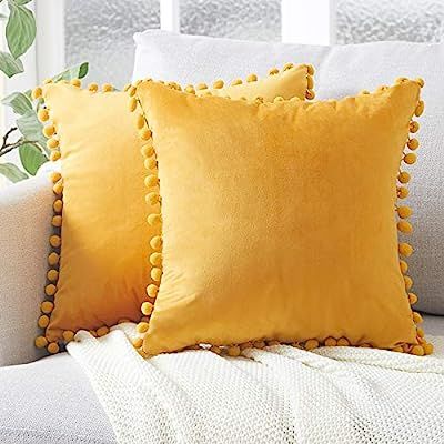 Top Finel Decorative Throw Pillow Covers with Pom Poms Soft Particles Velvet Solid Cushion Covers... | Amazon (US)