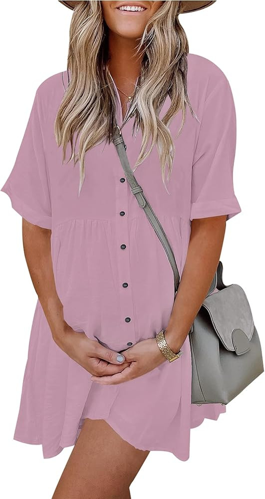 PYGFEMR Women's Short Sleeve Babydoll Dress Button Down Dresses with Pockets | Amazon (US)