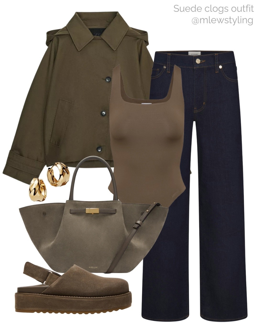 Khaki green outfit for fall 🌿

Tags: new in Zara trench coat, frame denim, dark wash jeans, aritzia bodysuit, DeMellier suede tote bag, Steve Madden suede clogs, autumn outfit, back to school, casual workwear 

#LTKWorkwear #LTKItBag #LTKShoeCrush