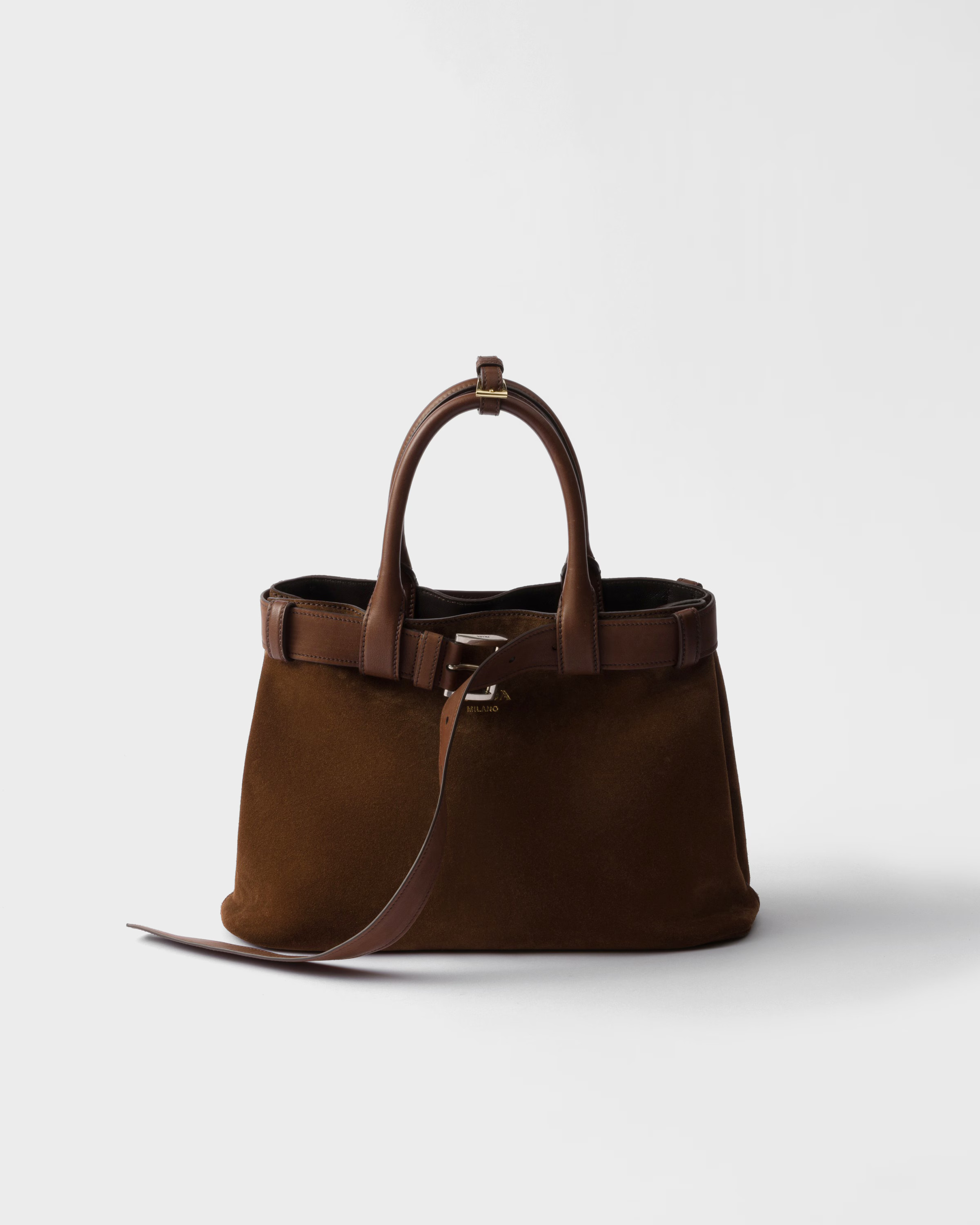 Cocoa Brown Prada Buckle Medium Suede Bag With Belt | PRADA | Prada US