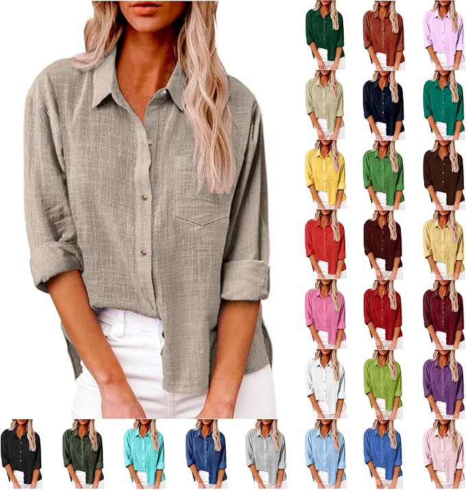 Linen Shirts for Women Summer Long Sleeve Lapel Button Down Shirt Lightweight Gauze Tops Loose Ca... | Amazon (US)