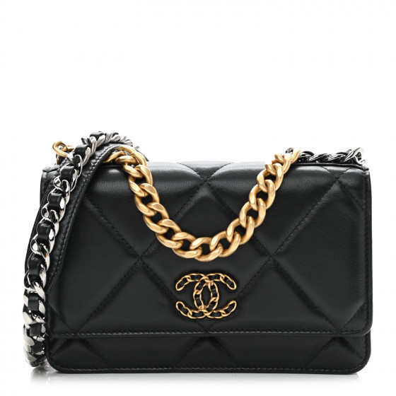 CHANEL Lambskin Quilted Chanel 19 Wallet On Chain WOC Black | FASHIONPHILE (US)