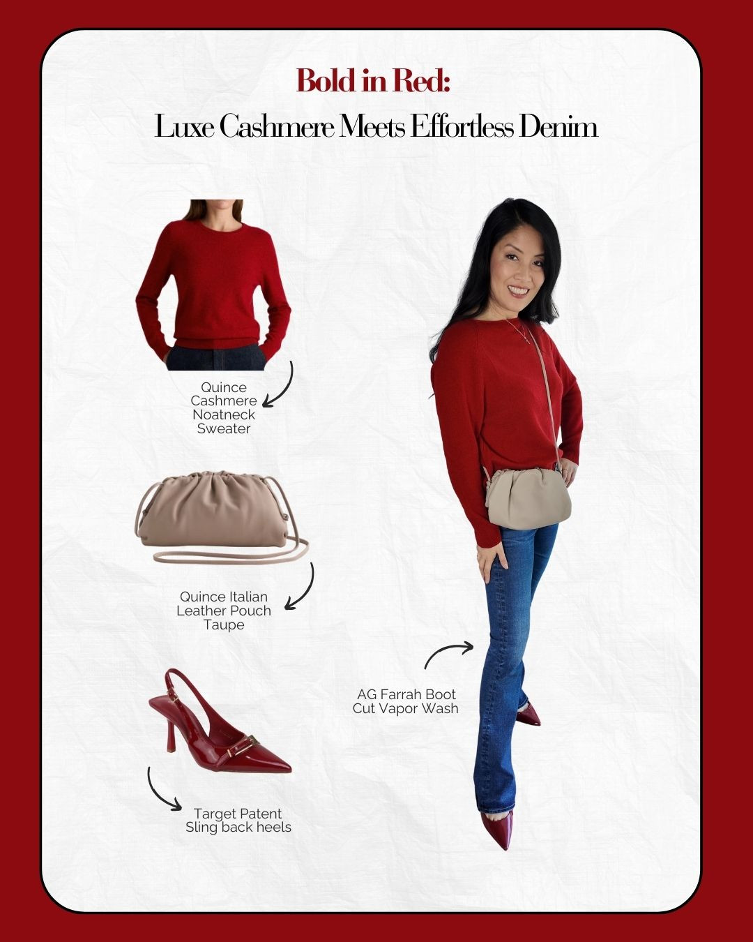 ✨ Bold in Red: Effortless Luxe Meets Denim Edge ✨

Striking yet timeless — the Quince Red Cashmere Boatneck Sweater adds a vibrant pop of color, paired with the AG Farrah Bootcut Jeans in Vapor Wash for that perfect denim contrast. Complete the look with the Quince Italian Leather Pouch in Taupe and Target Patent Red Slingback Heels for a bold, polished finish. ❤️👠👜👖✨

Shop the full outfit and my latest luxe-meets-casual favorites now on LTK! 

 #LTKStyleTip #LTKShoeCrush #LTKItBag