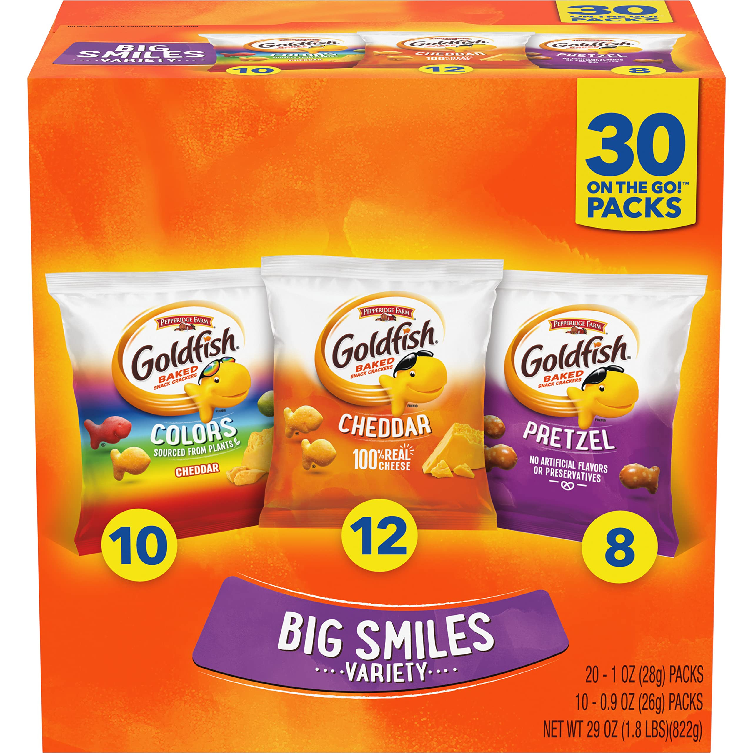 Goldfish Crackers Big Smiles Variety Pack with Cheddar, Colors, and Pretzels, Snack Packs, 30 Ct | Amazon (US)