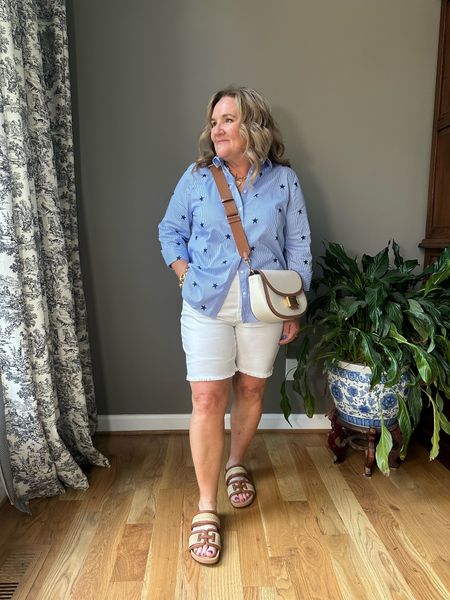 Weekend ready! 

Chicos no iron blouse and girlfriend shorts are great staples for summer. 
Blouse size 2.0
Shorts size 2.5. Size up!
Shorts and bag just are making this sophisticated statement to any outfit  

#LTKOver40 #LTKSeasonal #LTKItBag