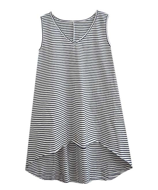 A.T.U.N. Women's Tunics navy - Navy White Breton Stripe High-Low Hem Sleeveless Tunic - Women | Zulily