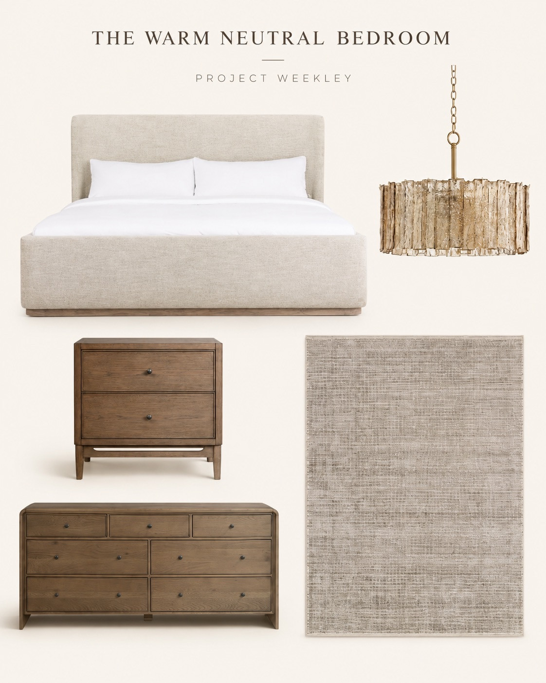 Want a bedroom that feels warm and pulled together? Start with soft upholstery, wood tones and a little texture 🤍 I pulled these pieces into one mood board so you can picture the combination together. The upholstered bed, wood nightstand and dresser, neutral rug and statement lighting give you a place to start. Save this for your bedroom refresh and shop the tagged finds.

#LTKHome