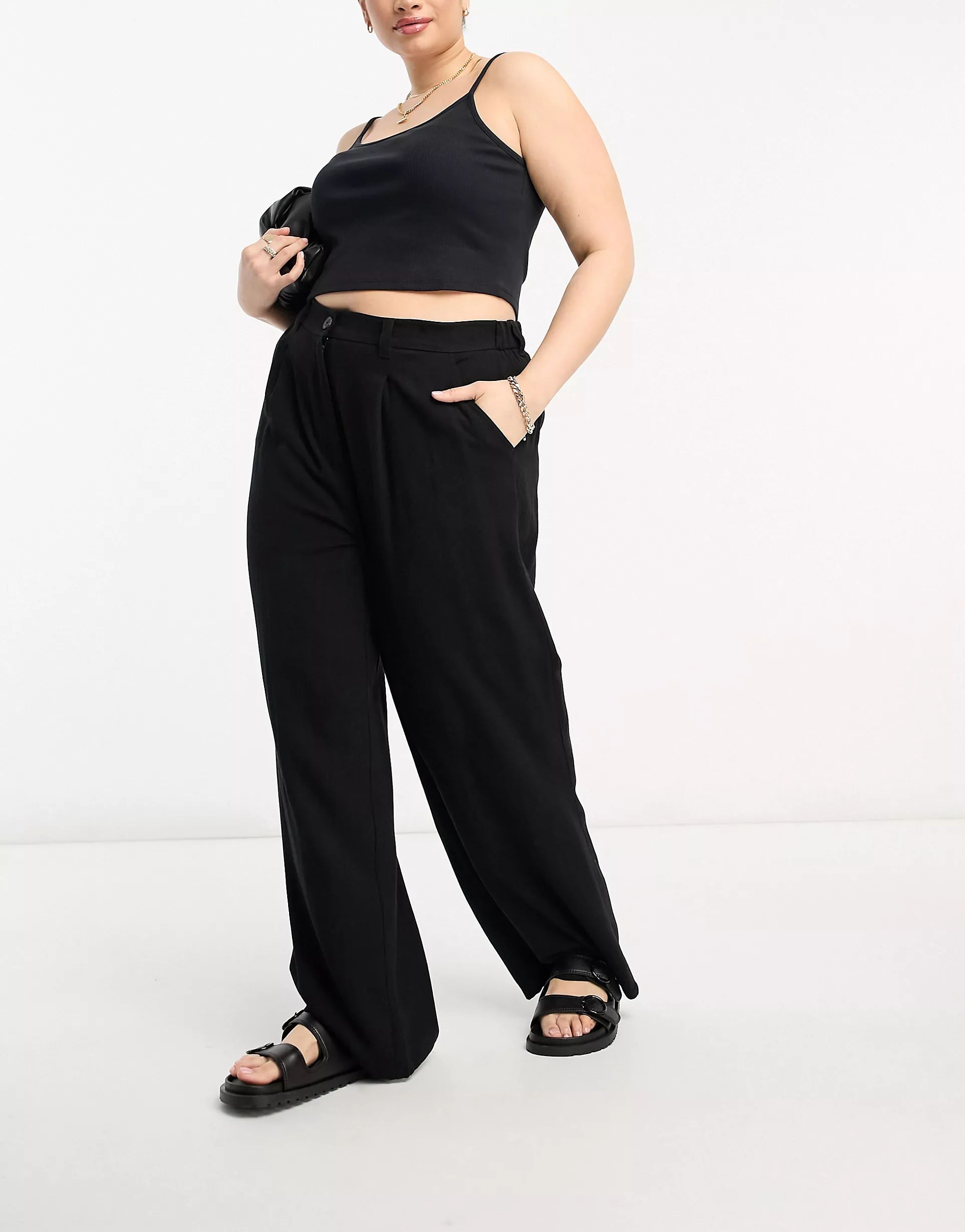 ASOS DESIGN Curve dad pant with linen in black | ASOS (Global)