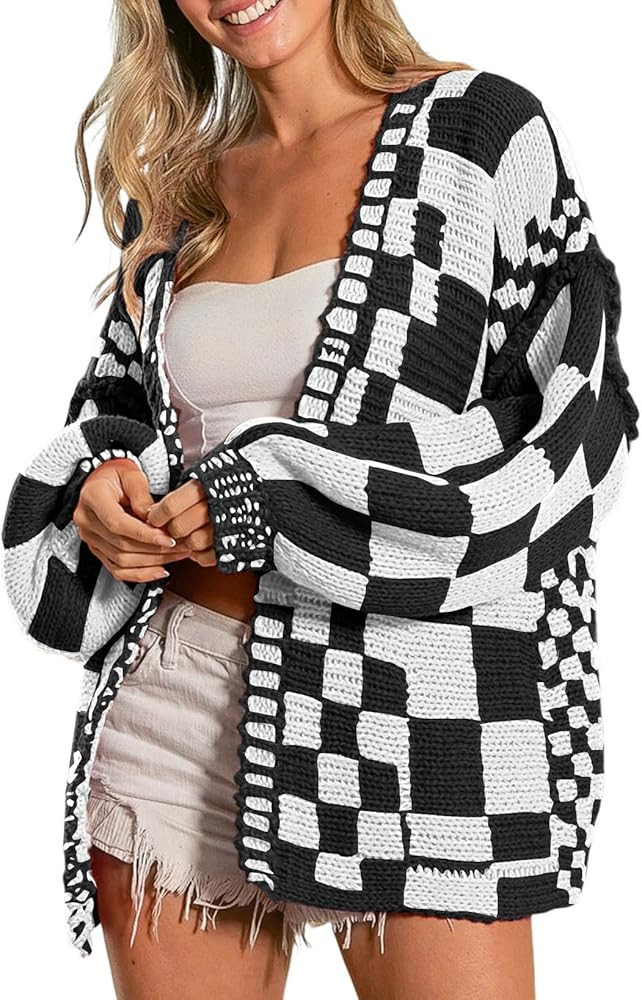 SELINK Women's Cardigan Sweater Vintage Open Front Mixed Checkered Pattern Chunky Knit Plaid Long... | Amazon (US)