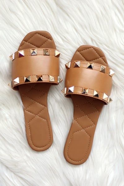Studded Single Band Sandals Slides-Tan Brown | Fashion Junkee