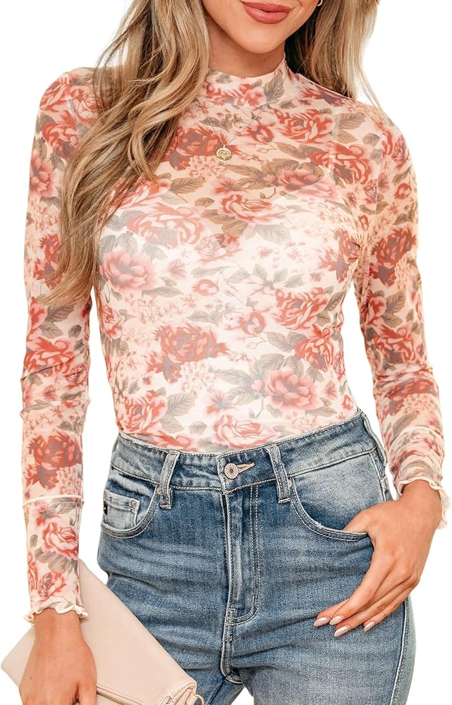 SELINK Long Sleeve Mesh Tops for Women Floral Print Sheer Blouses Mock Neck | Amazon (US)