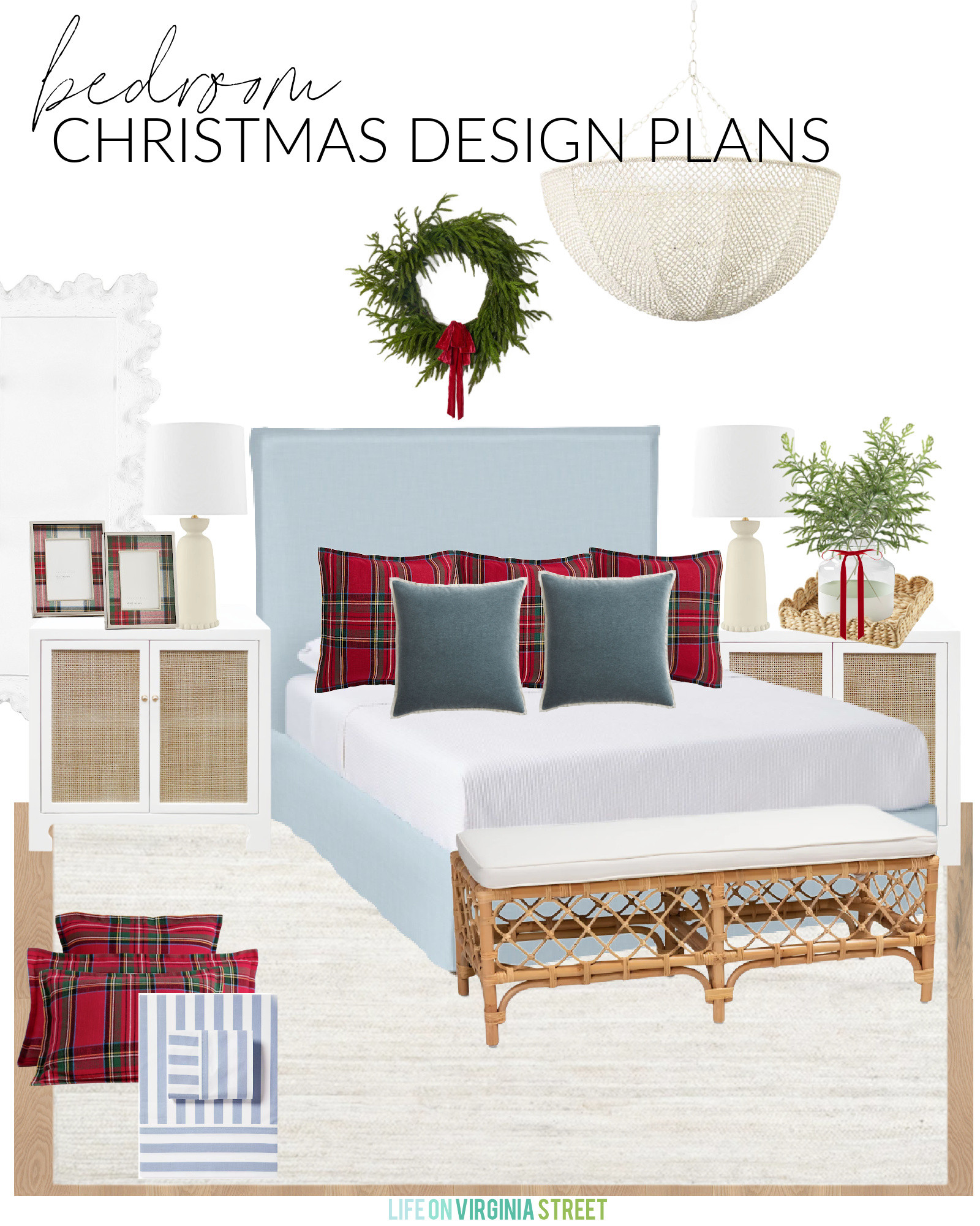 Our Christmas bedroom design plans! Includes are light blue upholstered bed (also linking a great look for less option we own and love), white jute rug, red plaid bedding, slate blue velvet pillows, faux evergreen stems, Norfolk pine wreath, Stewart plaid picture frames, a coral style floor length mirror, ceramic lamps, bamboo bench, scalloped tray, blue striped sheets, and red velvet ribbon. See all design plans here: https://lifeonvirginiastreet.com/2024-christmas-design-boards/. #ltkholiday #ltkhome #ltksalealert #ltkfindsunder50 #ltkfindsunder100 #ltkstyletip #ltkseasonal 

 #LTKHoliday #LTKHome #LTKSaleAlert