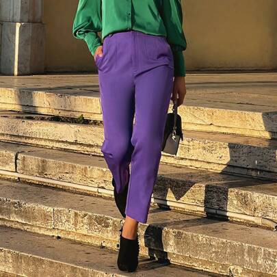 Women's Thickened Purple Suit Pants, Female Business Suit Trousers, Office Attire, Suitable For Christmas, | SHEIN