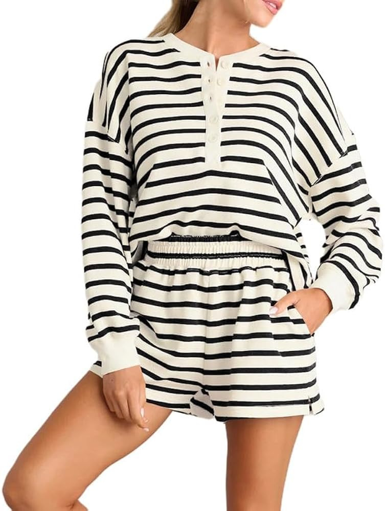 Women Y2K Striped Lounge Set Long Sleeve Oversized Sweatshirt Shorts Color Block 2 Piece Pajama O... | Amazon (US)