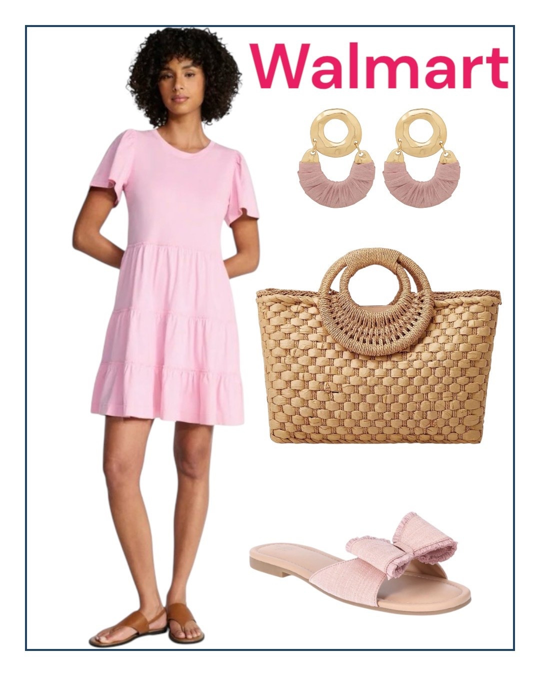 Walmart spring new outfits. Pink dress, pink bow rattan sandals. 
#walmartfashion