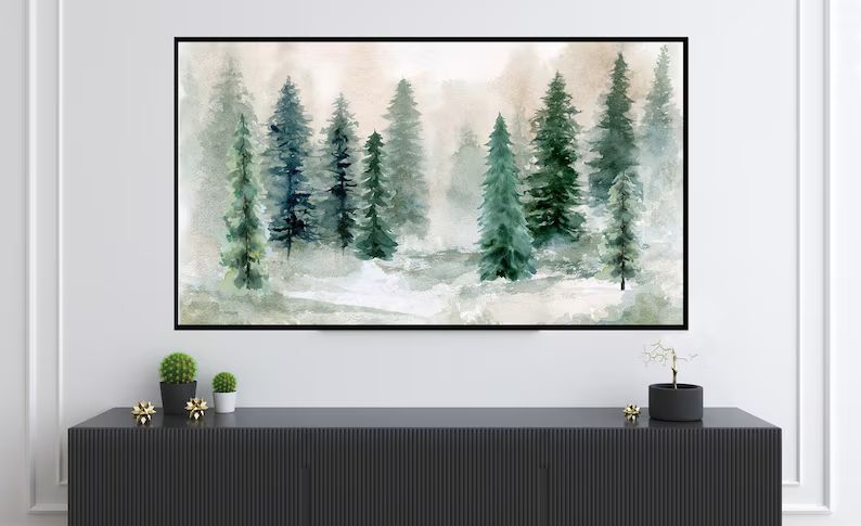 Frame TV Art Soft Winter Landscape Pine Tree Snow Watercolor | Etsy | Etsy (US)