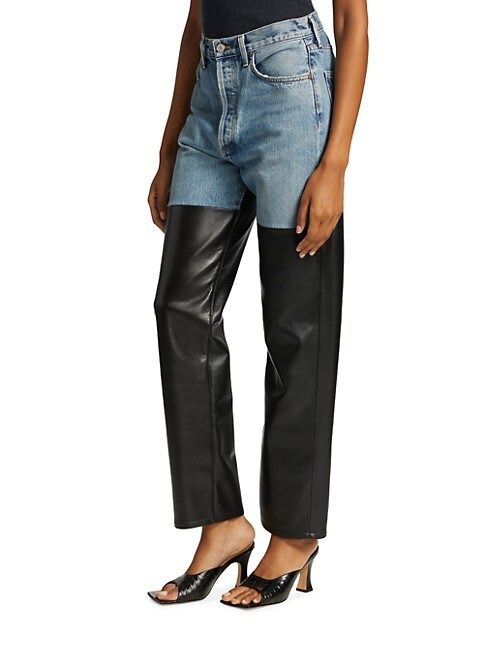 Pieced 90's High-Rise Pinch-Waist Leather Straight-Leg Jeans | Saks Fifth Avenue