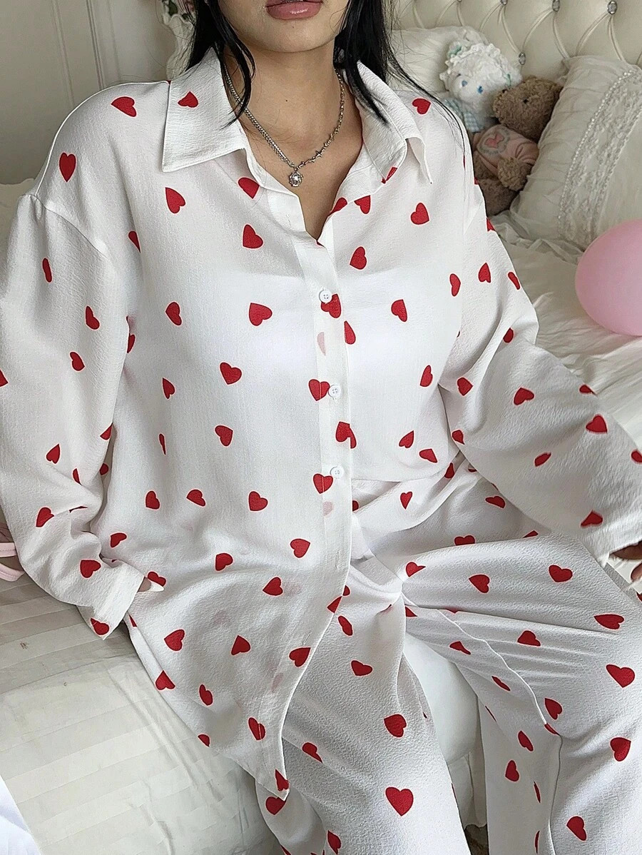 POPSWAY Plus Size Valentine's Day Casual Heart Print Long Sleeve Shirt And Wide-Leg Pants 2-Piece... | SHEIN