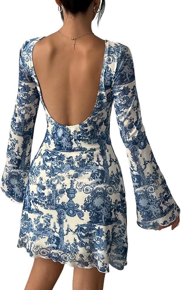 Milumia Women's Floral Long Bell Sleeve Backless Mini Dress Party Date Night Going Out Dresses | Amazon (US)
