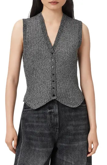 AllSaints Cruz Shine Knit Waistcoast in Metallic Silver at Nordstrom Rack, Size X-Small | Nordstrom Rack