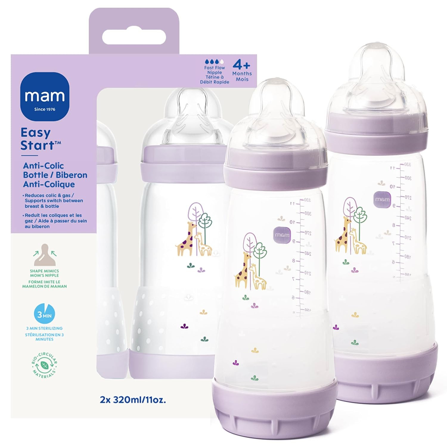 MAM 11oz Easy Start Anti-Colic+ Vented Baby Bottle, 4+ Months, 2 Pack, Girl | Amazon (US)