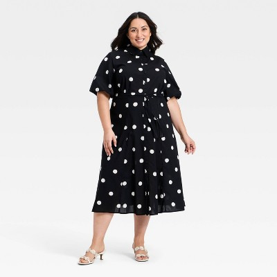Women's Midi Button-Down Shirtdress - A New Day™ Black/Cream Polka Dot 3X | Target