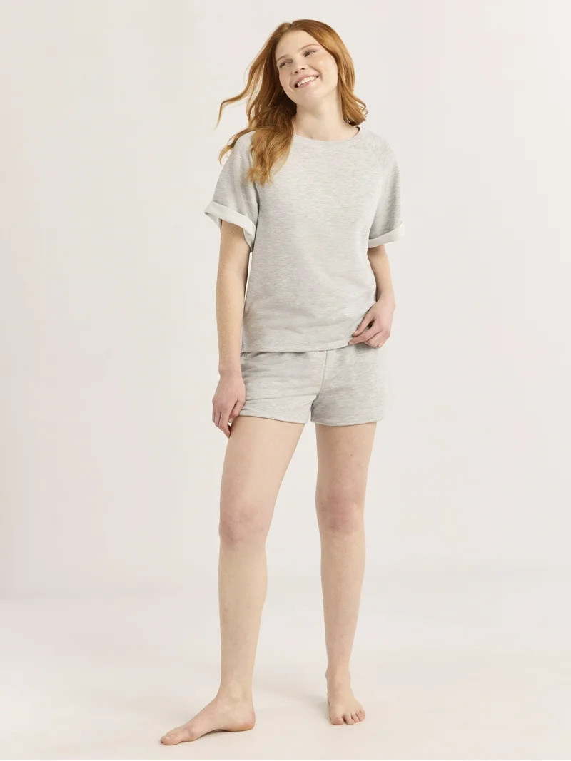 Joyspun Women's French Terry Short Sleeve Top and Shorts Set, 2-Piece, Sizes XS-3X | Walmart (US)