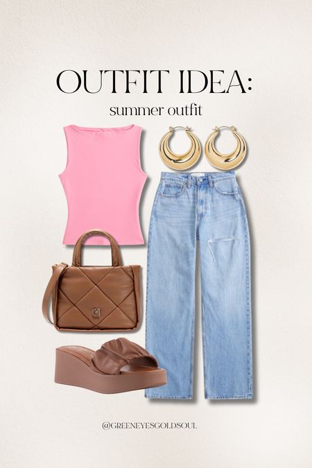 Summer outfit idea! 🩷 
Pink blouse, summer top, tank top, jeans, gold hoops, gold earrings, mini purse, brown purse, platform sandals 

#LTKStyleTip #LTKFindsUnder100 #LTKU