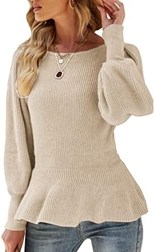 Womens Fall Puff Sleeve Peplum Casual Slim Fit Knit Pullover Sweater Jumper Tops | Amazon (US)