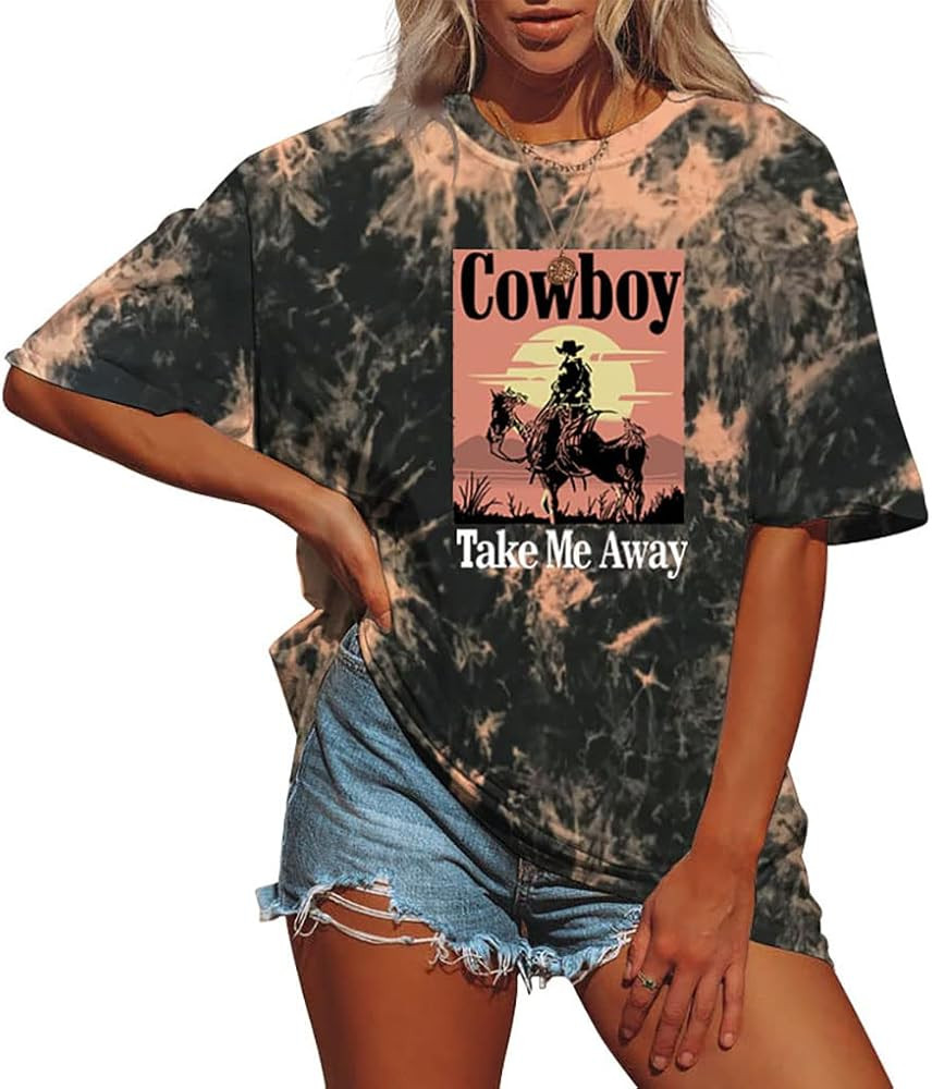 Cowboy Take Me Away Graphic Oversize Tshirt Women Western Vintage Tees Short Sleeve Rodeo Tops Co... | Amazon (US)