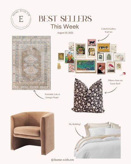 Here are all the best sellers from all my posts this week! This colorful gallery wall set, this neutral washable area rug, this neutral accent chair, this black and white floral throw pillow this white linen duvet with jersey sheets. White bedding.

#LTKstyletip #LTKfamily #LTKhome