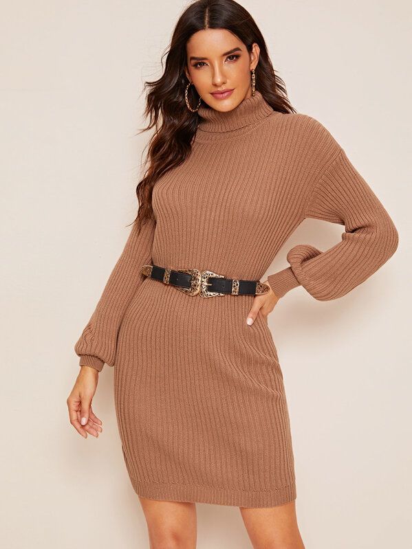 SHEIN High Neck Ribbed Knit Sweater Dress Without Belt | SHEIN
