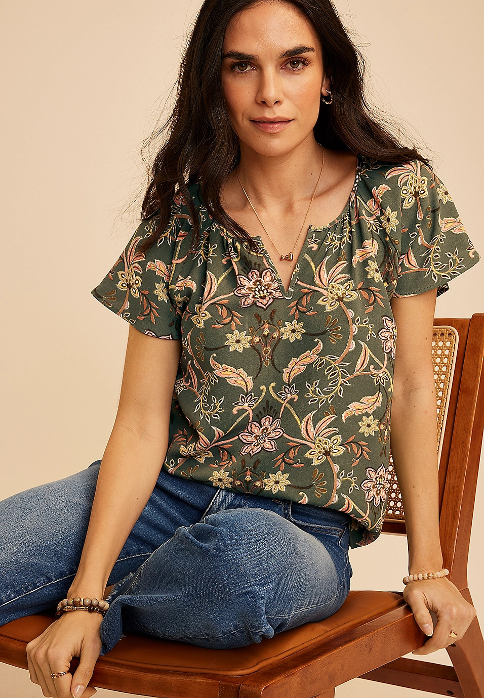 Floral Notch Neck Flutter Sleeve Blouse | Maurices