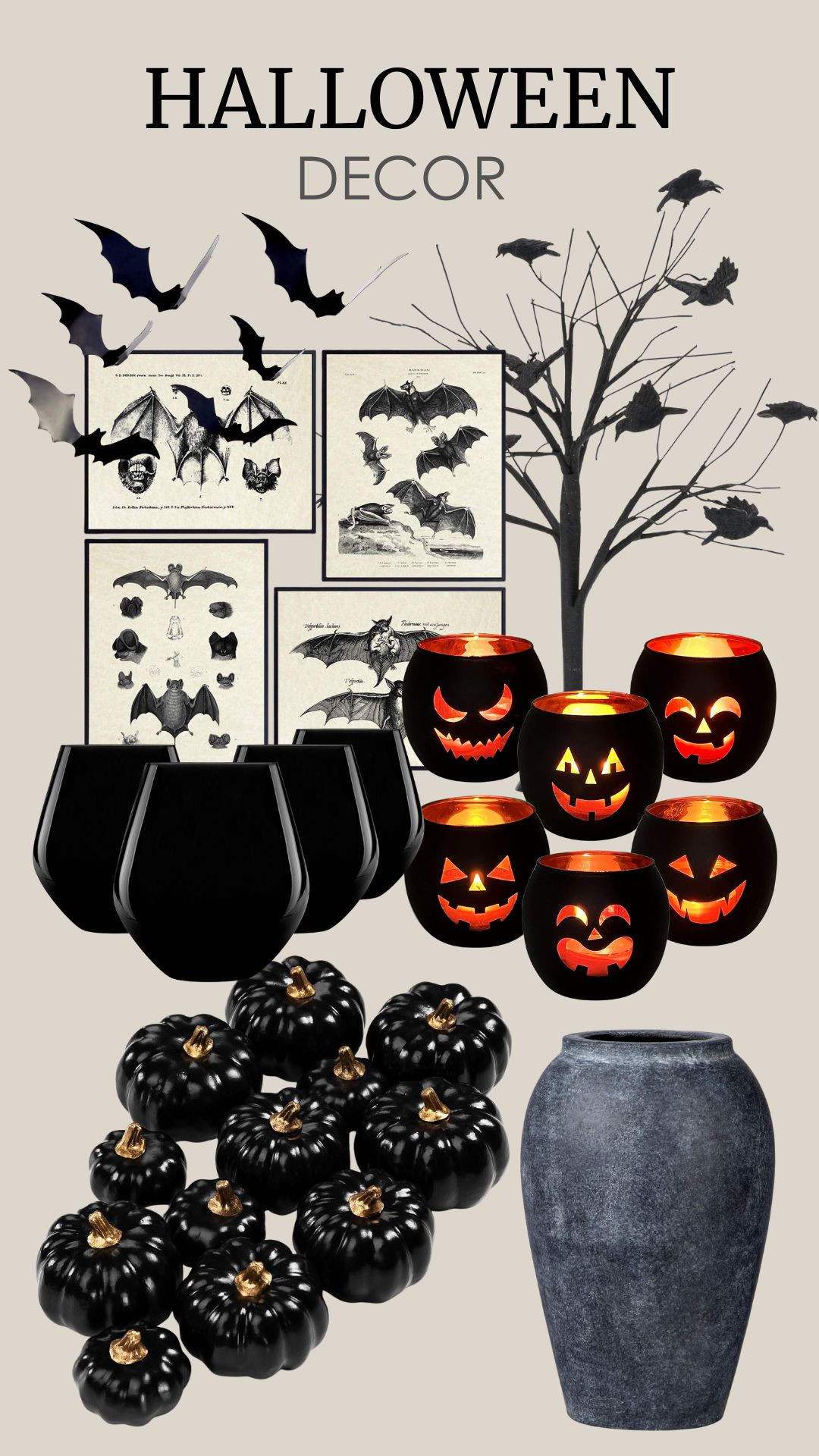 Bring on the spooky season with these fun Halloween decor pieces. Tap for the finds!

Bats wall décor, murder of crows tree figurine, hipster goth art, terracotta vase, jack o lanterns black glass candle holders, black wine glasses, and black artificial pumpkins fall decorations. 

 #LTKSeasonal #LTKHome